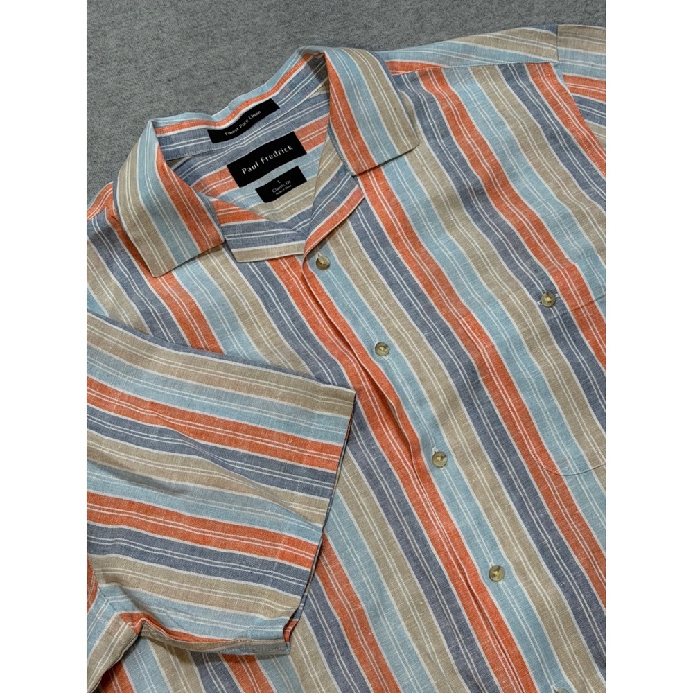 Paul Fredrick Mens Large 100% Linen Short Sleeve Striped Camp Shirt Orange Blue